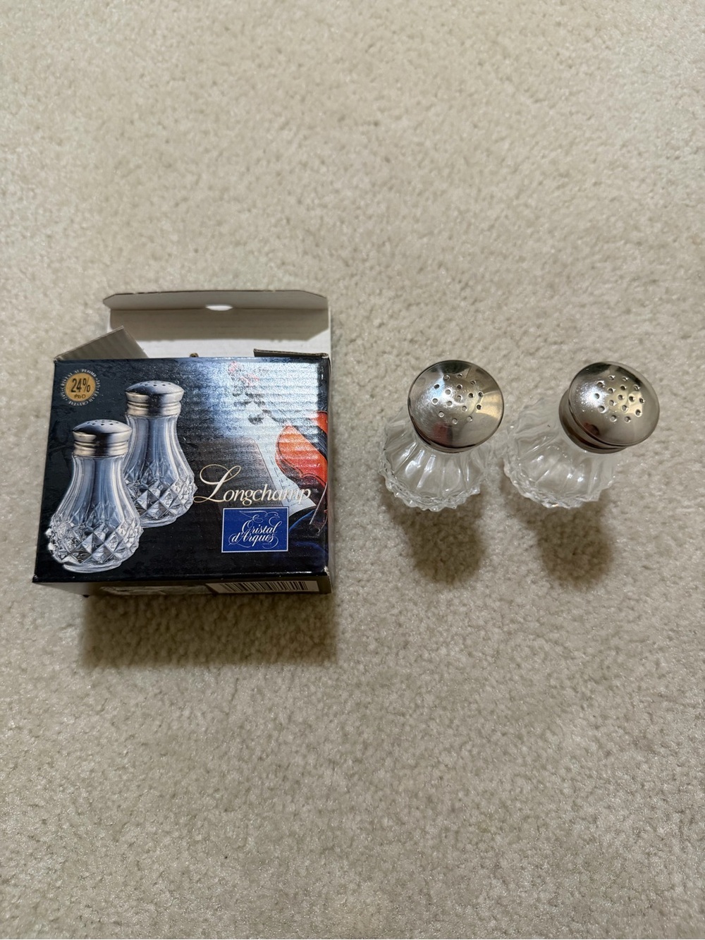 Longchamp Clear Glass Salt and Pepper Shakers with Silver Tops
